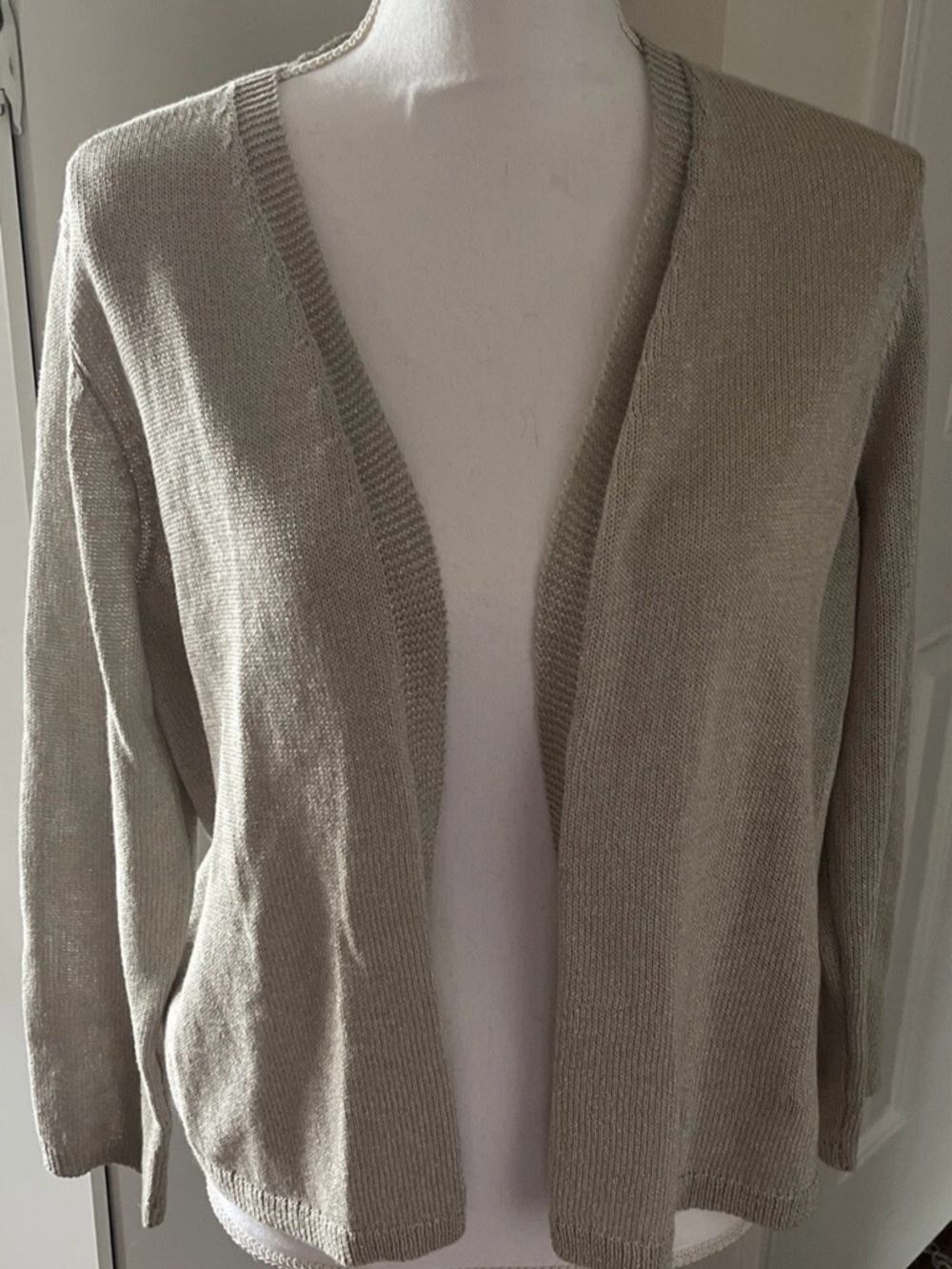 Eileen Fisher Classic Open-Front Cream Shimmer Knit Women's Sweater Cardigan